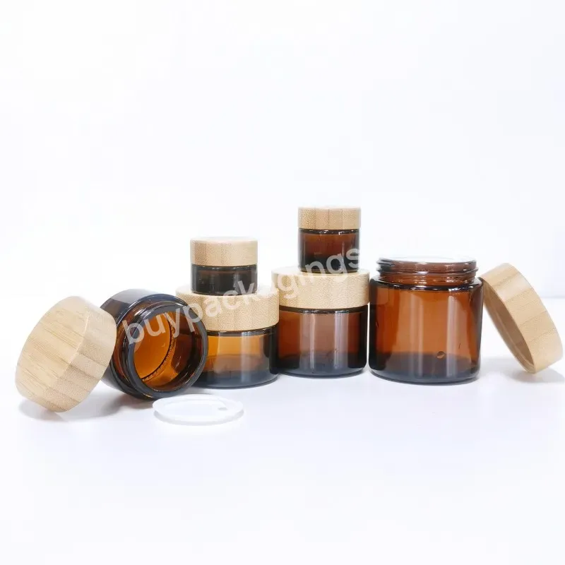 High Quality 5/15/30/50/100/200m Cylindrical Empty Cosmetic Cream Glass Container Cosmetic Amber Glass Jars With Bamboo Lid