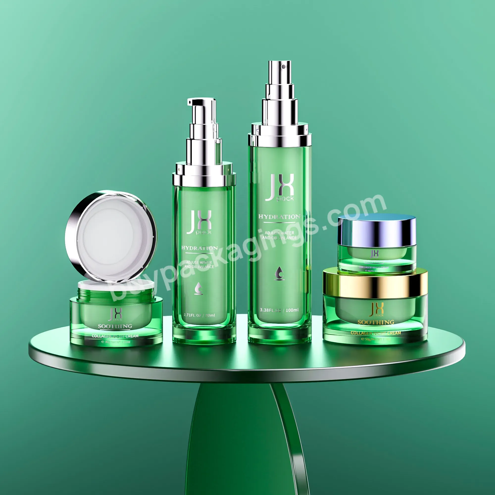 High Quality Acrylic Lotion Bottle Luxury Skincare Serum Green Cosmetics Pump Airless Jar Airless Pump Bottle Sets