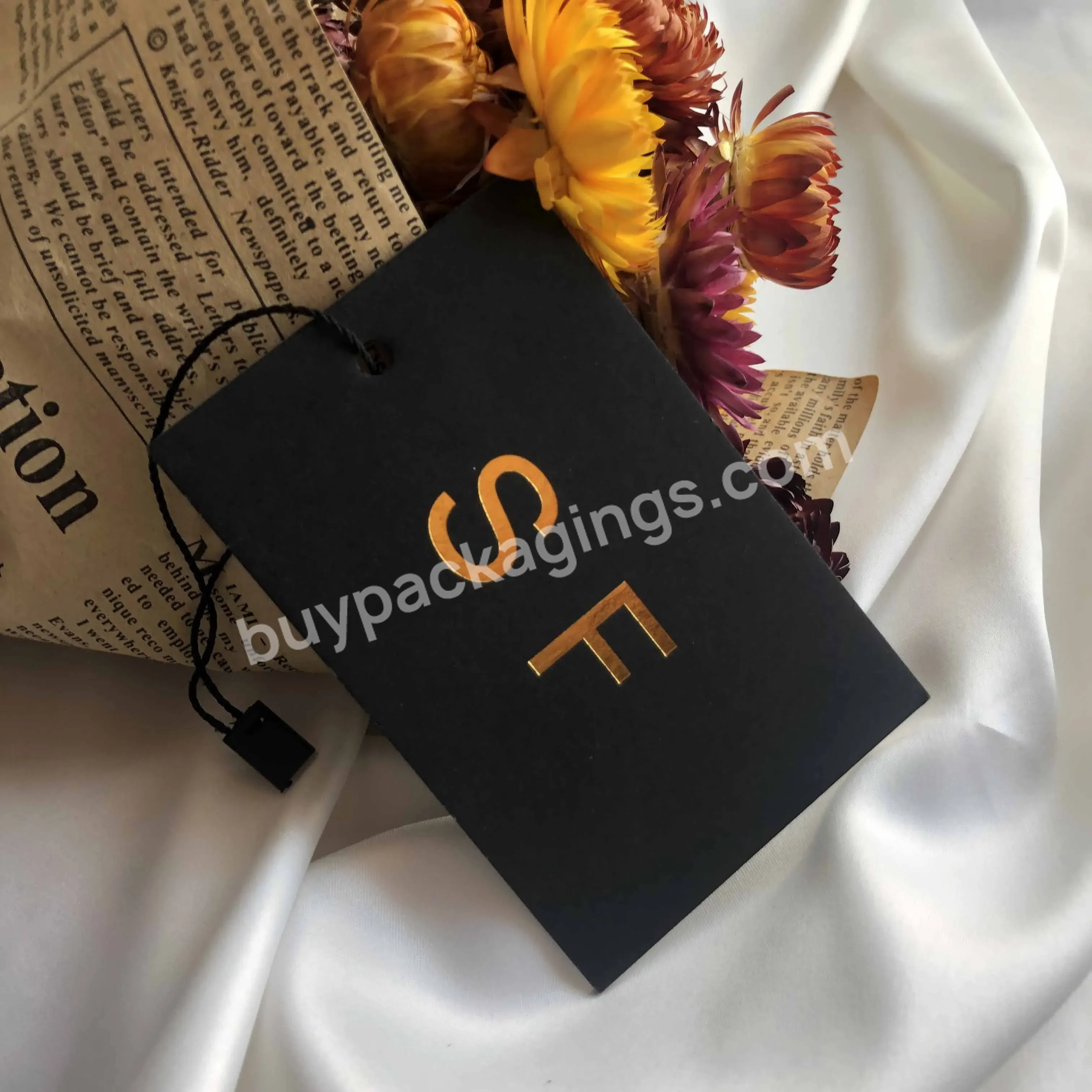 High Quality Black Card Label Luxury Gold Foil Hot Stamp Your Own Logo Design Hang Tag