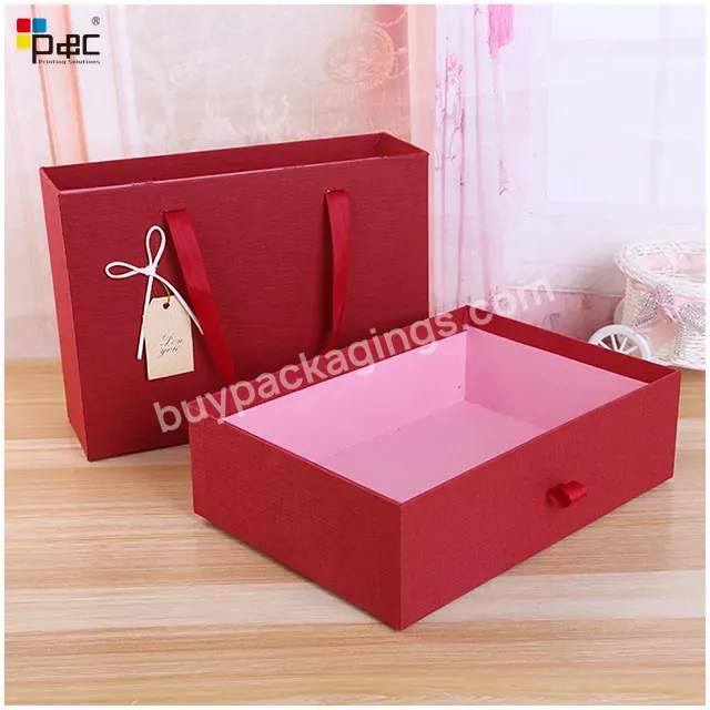 High Quality Cardboard Paper Gift Boxpaper Drawer Type Bowknot Rectangle With Handle Gift Handbag Packaging Box Set Gift Custom