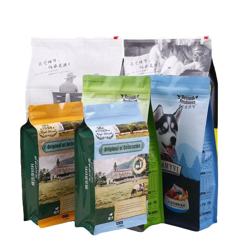 High Quality Flat Bottom Eight Side Sealed Aluminum Foil Stand Up Pet Food Packaging Bag