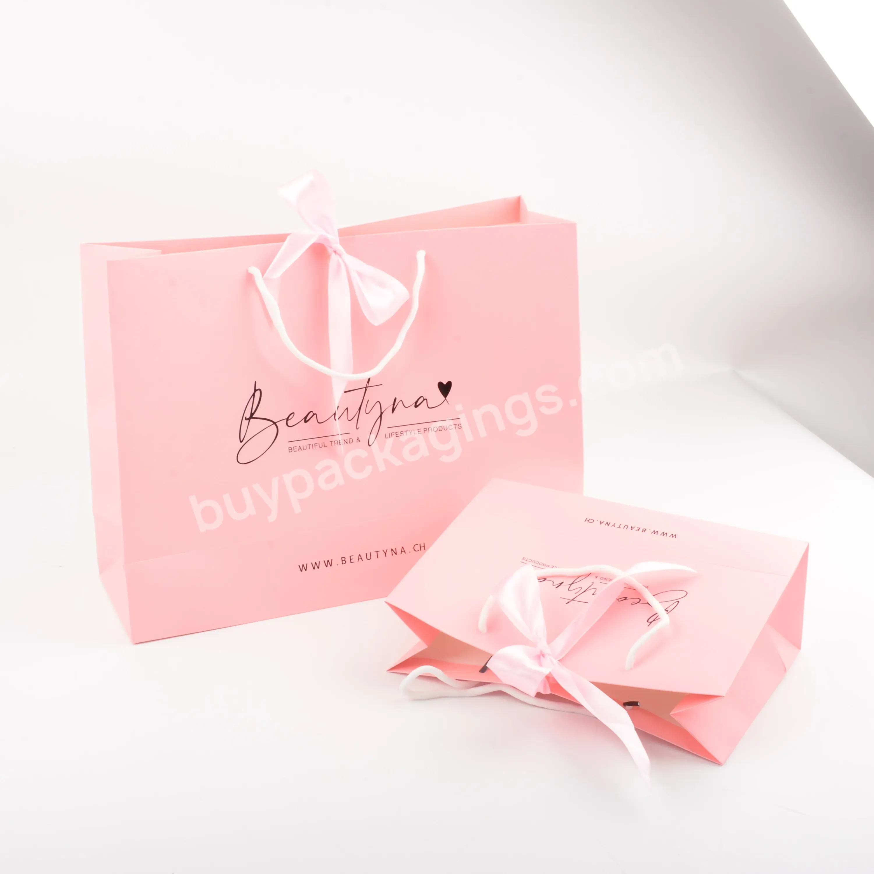 High Quality Low Price Pink Paper Bag With Ribbon Custom Size Logo Print Beautiful Design Shopping Packaging With Brand