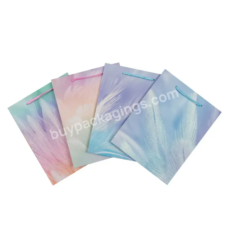 High Quality Luxury Hand-painted Dream Rainbow Feather Packaging Gift Bag High-end Glitter Paper Bag