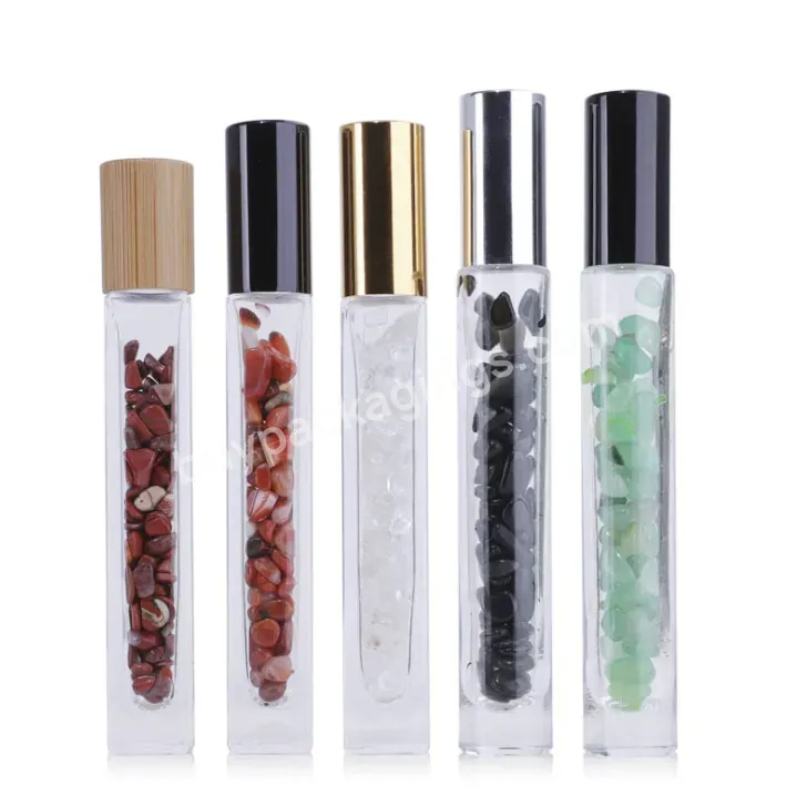 High Quality Pink Amethyst Crystal Gemstone Roller Ball Bottles 10ml Long Thick Perfume Cosmetic Glass Roll On Bottles