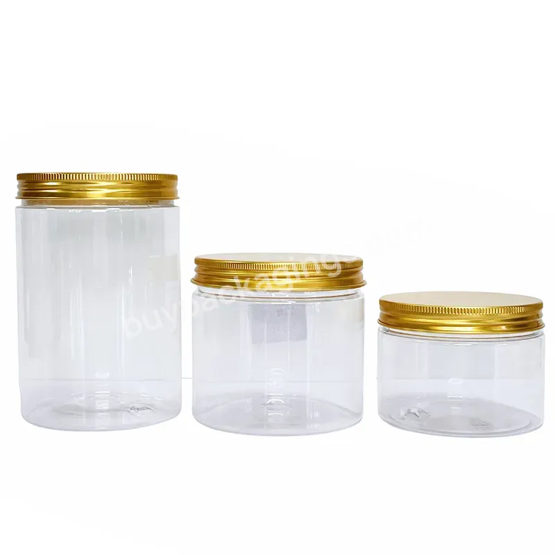 High Quality Various Size 8oz 500ml 600ml Candy Empty Clear Pet Cookie Can Food Container Plastic Jar With Gold Lids