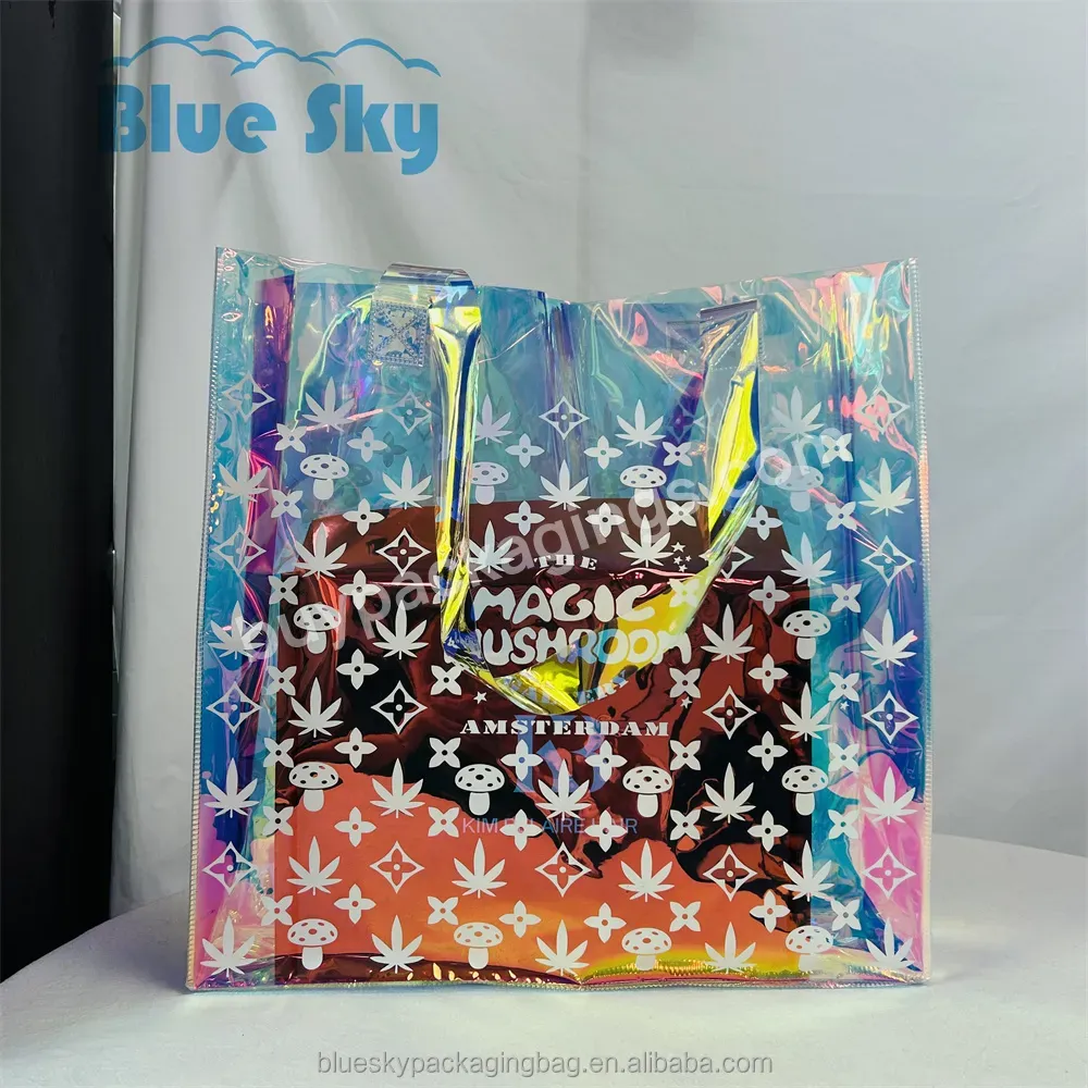 Hot Most Popular Custom Printed Logo Pvc Holographic Tote Bag Fabric Cosmetic Packaging Plastic Glitter Luminous Tote Bag