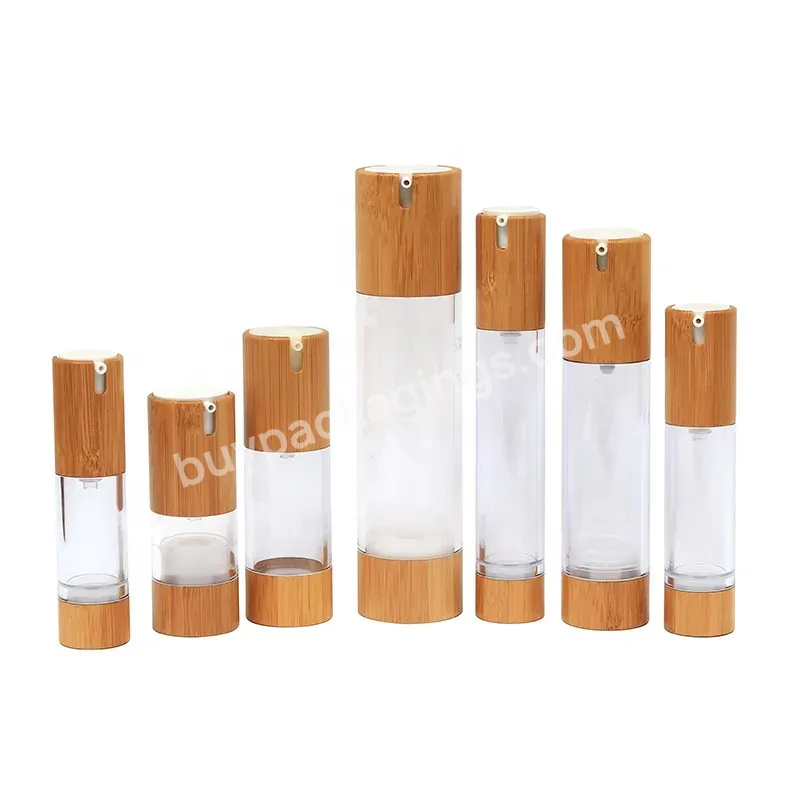 Hot Oem 15/30/50/80/100/120ml Cosmetic Transparent Airless Pump Bottles With Bamboo Bottom And Cap