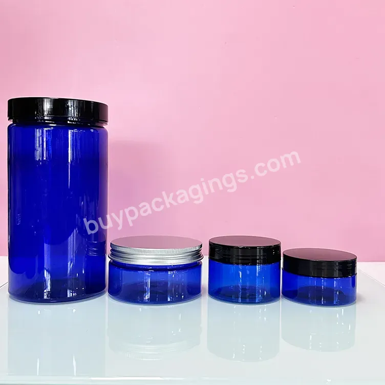 Hot Sale 10ml 15ml 30ml 50ml 60ml 100ml 200ml 250ml Pet Scrub Container Cosmetic Cream Blue Plastic Jars With Black Cap