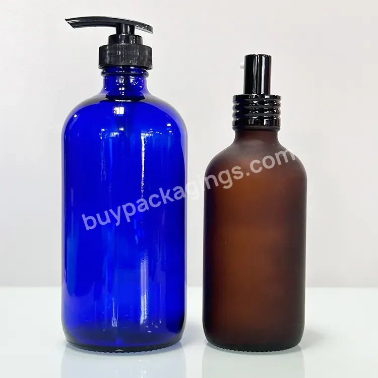 Hot Sale 15ml 30ml 60ml 120ml 250ml 500ml Boston Blue Glass Dropper Essential Oil Bottle With Pump Head Cover