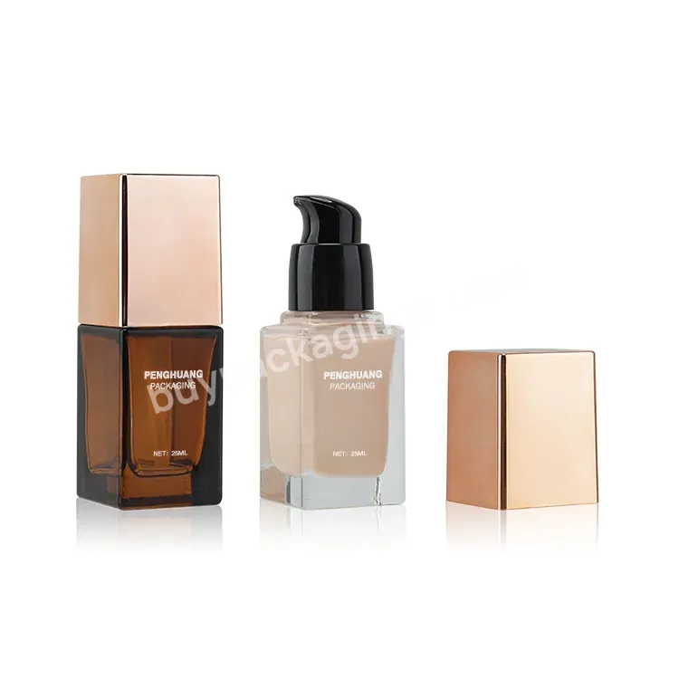 Hot Sale 25ml Square Foundation Bottle Glass Liquid Foundation Bottle Amber Lotion Pump Bottle With Gold Aluminum Cap