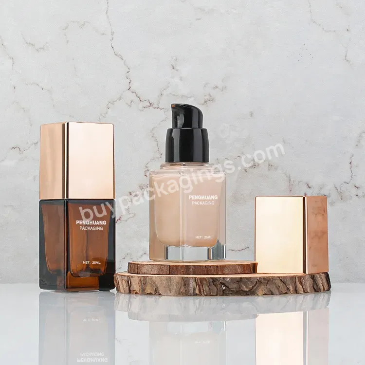 Hot Sale 25ml Square Foundation Bottle Glass Liquid Foundation Bottle Amber Lotion Pump Bottle With Gold Aluminum Cap