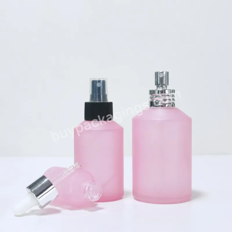 Hot Sale 30ml 100ml 200ml Pink Glass Slant Shoulder Bottle With Dropper And Pump And Spray Cap