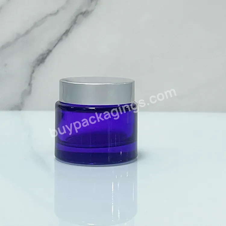 Hot Sale 30ml (30g) Blue Smooth Glass Cream Jar Cosmetic Cream Container With Silver Lid