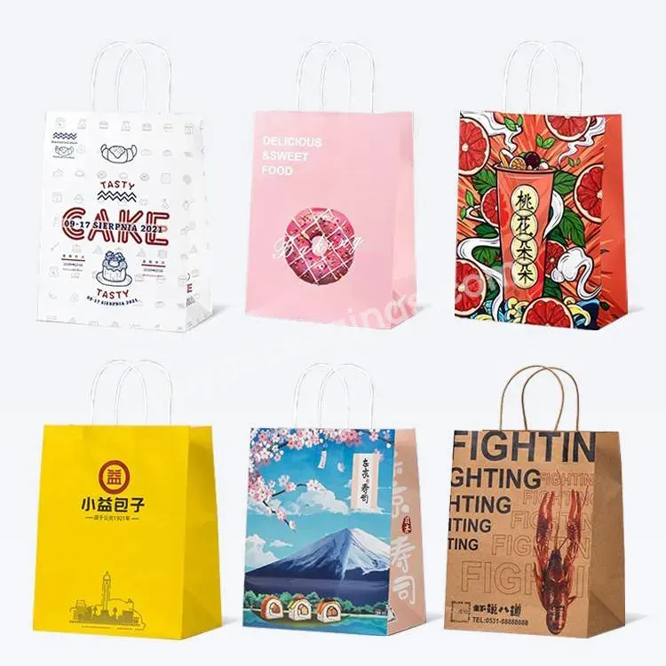 Hot Sale Brown Kraft Paper Bags With Handle Custom Logo Printed For Take Away Food Packaging