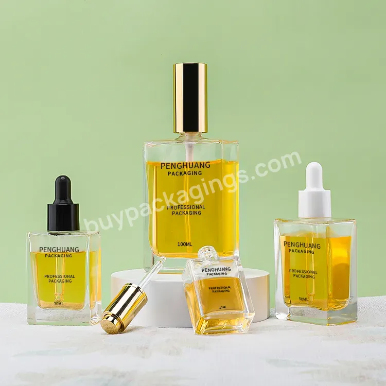 Hot Sale Cosmetic Packaging Square Clear Glass Essential Oil Serum Bottles 15ml 30ml 50ml100ml Glass Serum Bottle