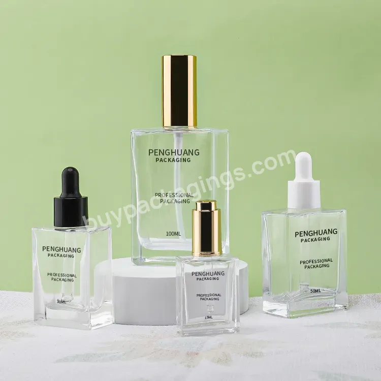 Hot Sale Cosmetic Packaging Square Clear Glass Essential Oil Serum Bottles 15ml 30ml 50ml100ml Glass Serum Bottle