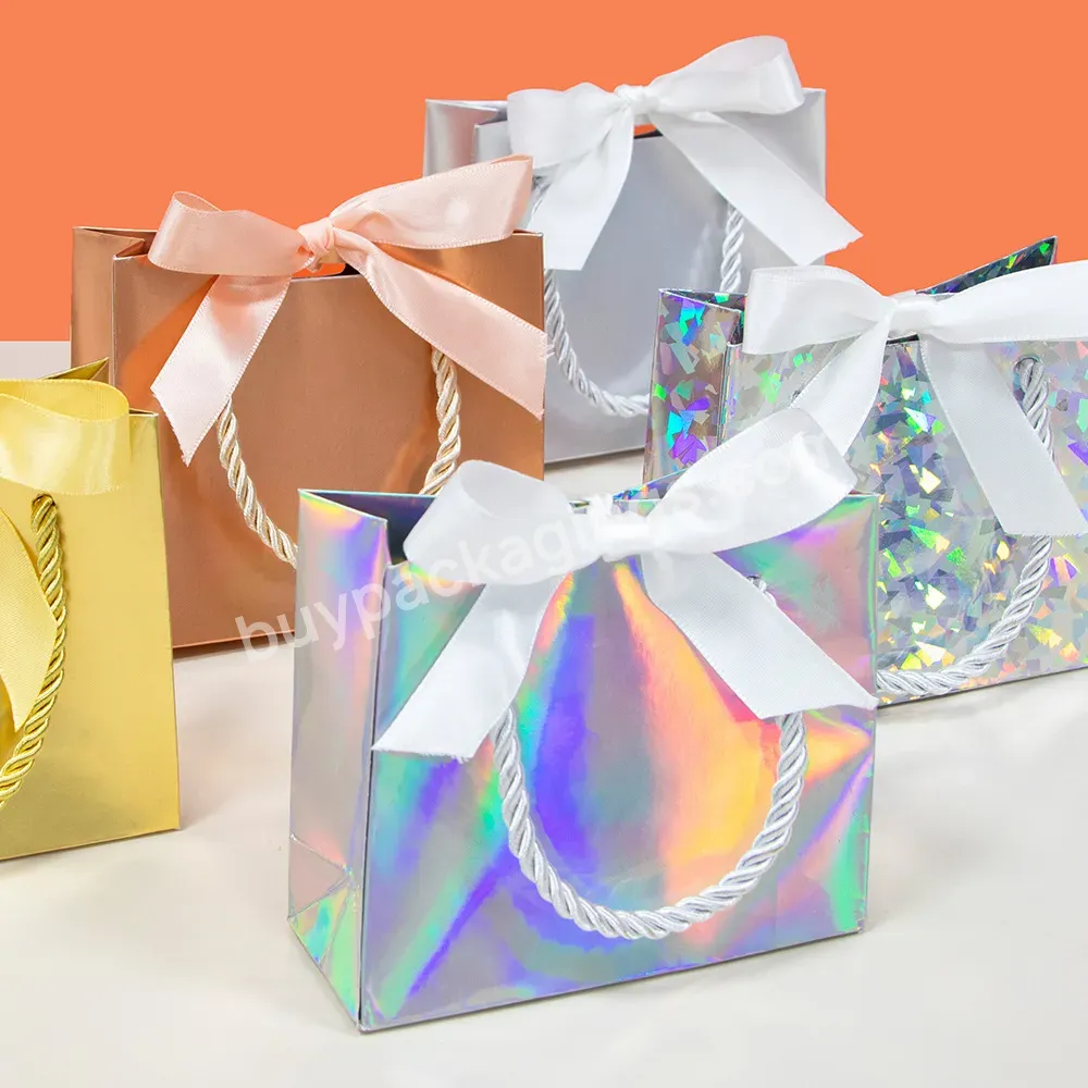 Hot Sale Custom Laser Gift Paper Bag Holiday Party Gold And Silver Packaging With Ribbon