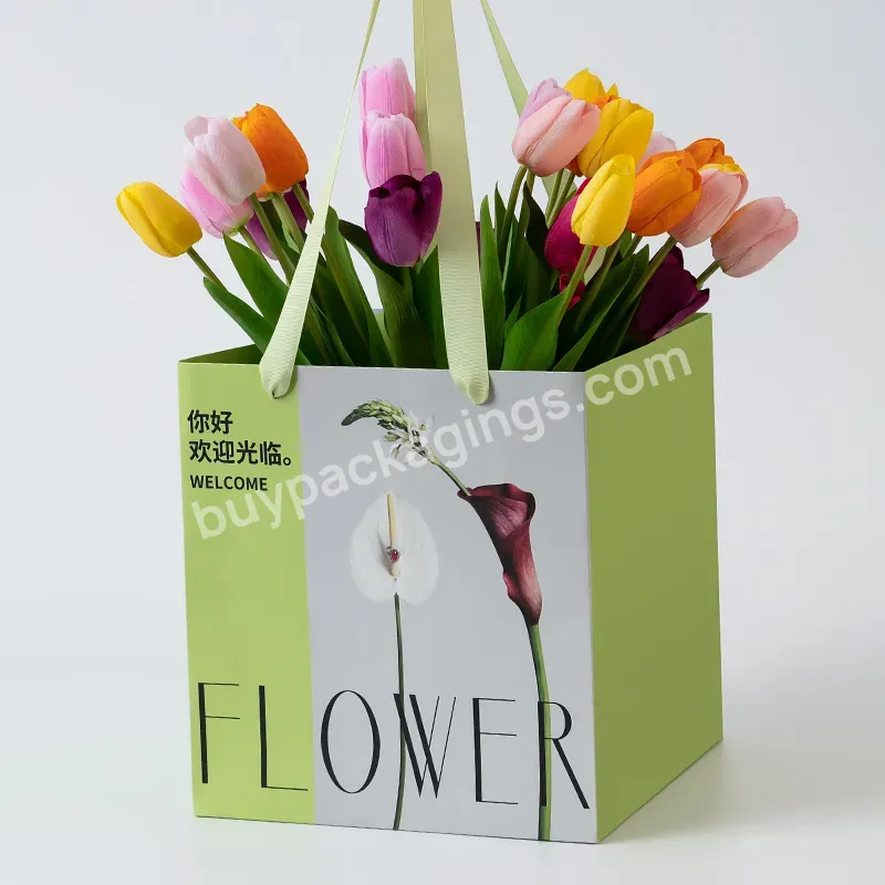Hot Sale Custom Logo Flower Square Paper Bag With Botton Paper And Ribbon Handle Bearing Capacity 15kg