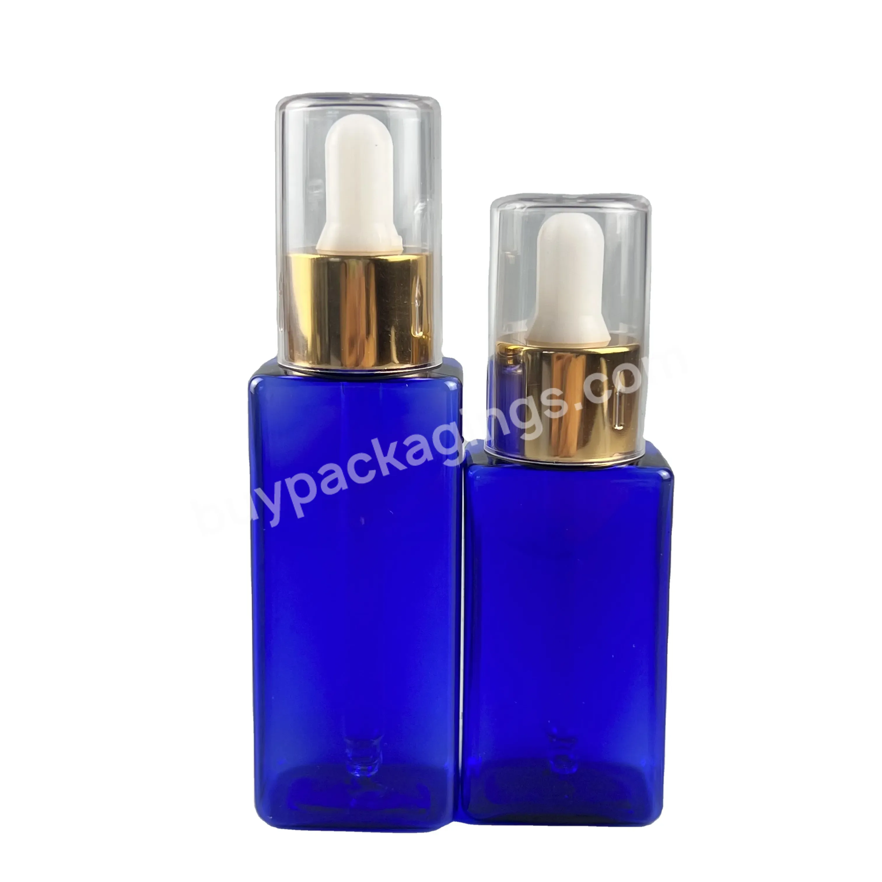 Hot Sale Customization Custom Color Blue Bottle Square Shape Plastic Pet Bottle With Dropper Cap Manufacturer