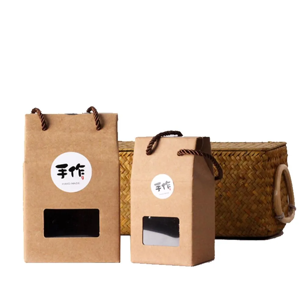 Hot sale good quality custom logo handles packaging rope pu'er tea kraft paper gift box bag with PVC clear window