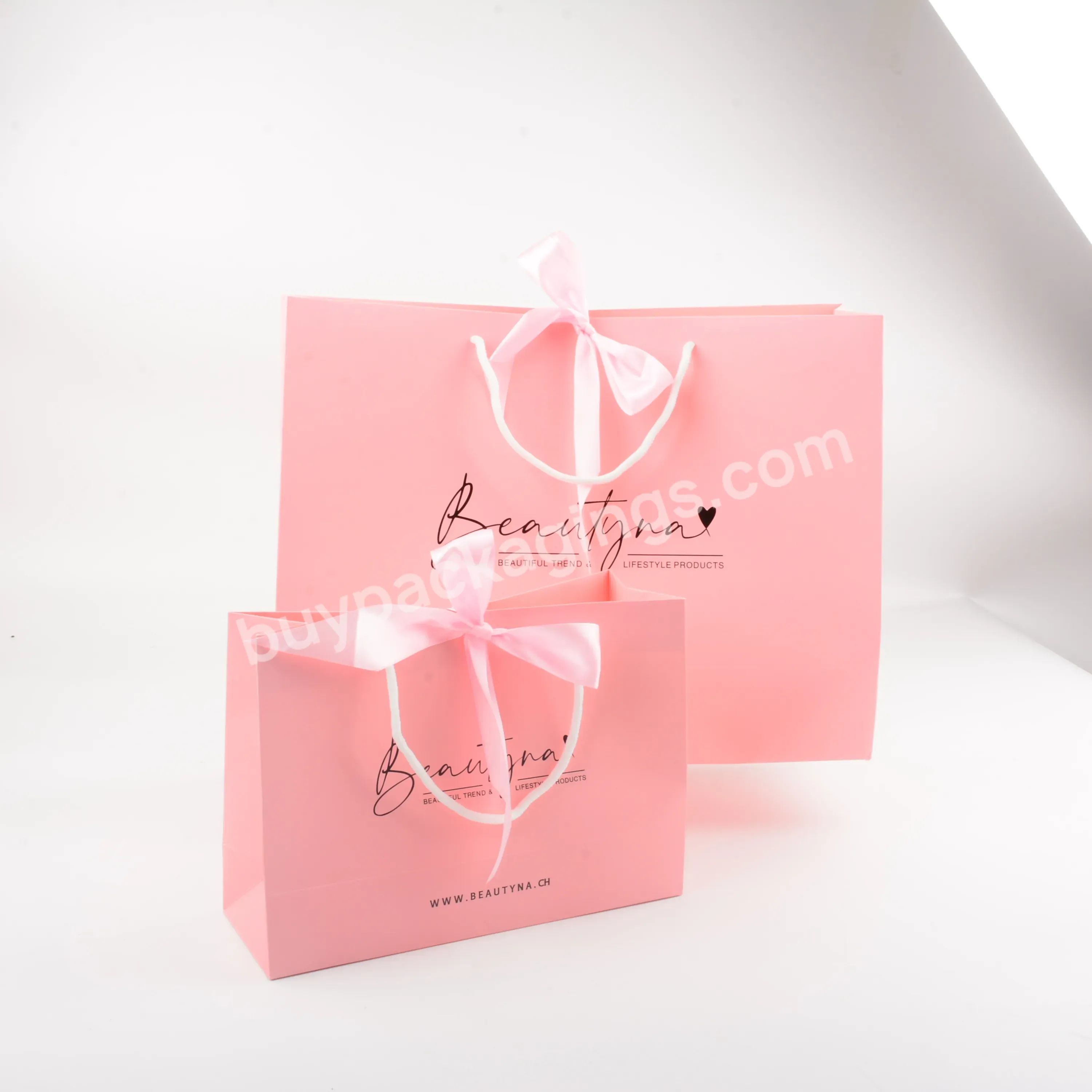 Hot Sale Product Pink Paper Bag With Ribbon Custom Size Logo Print High Quality Low Moq Beautiful Weeding Packaging Of Brand