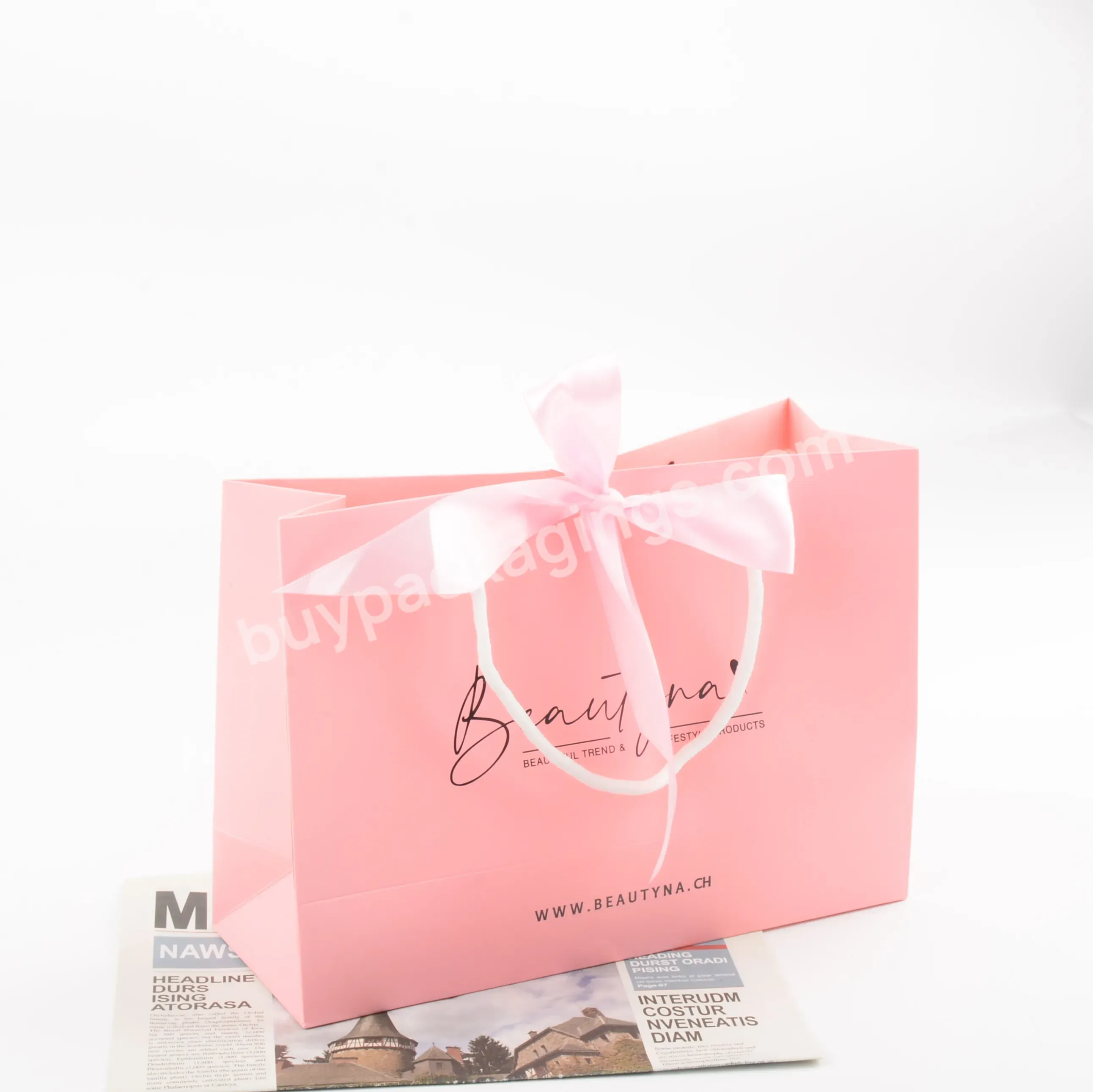 Hot Sale Product Pink Paper Bag With Ribbon High Level Low Moq Custom Size Logo Print Beautiful Shopping Packaging For Clothes