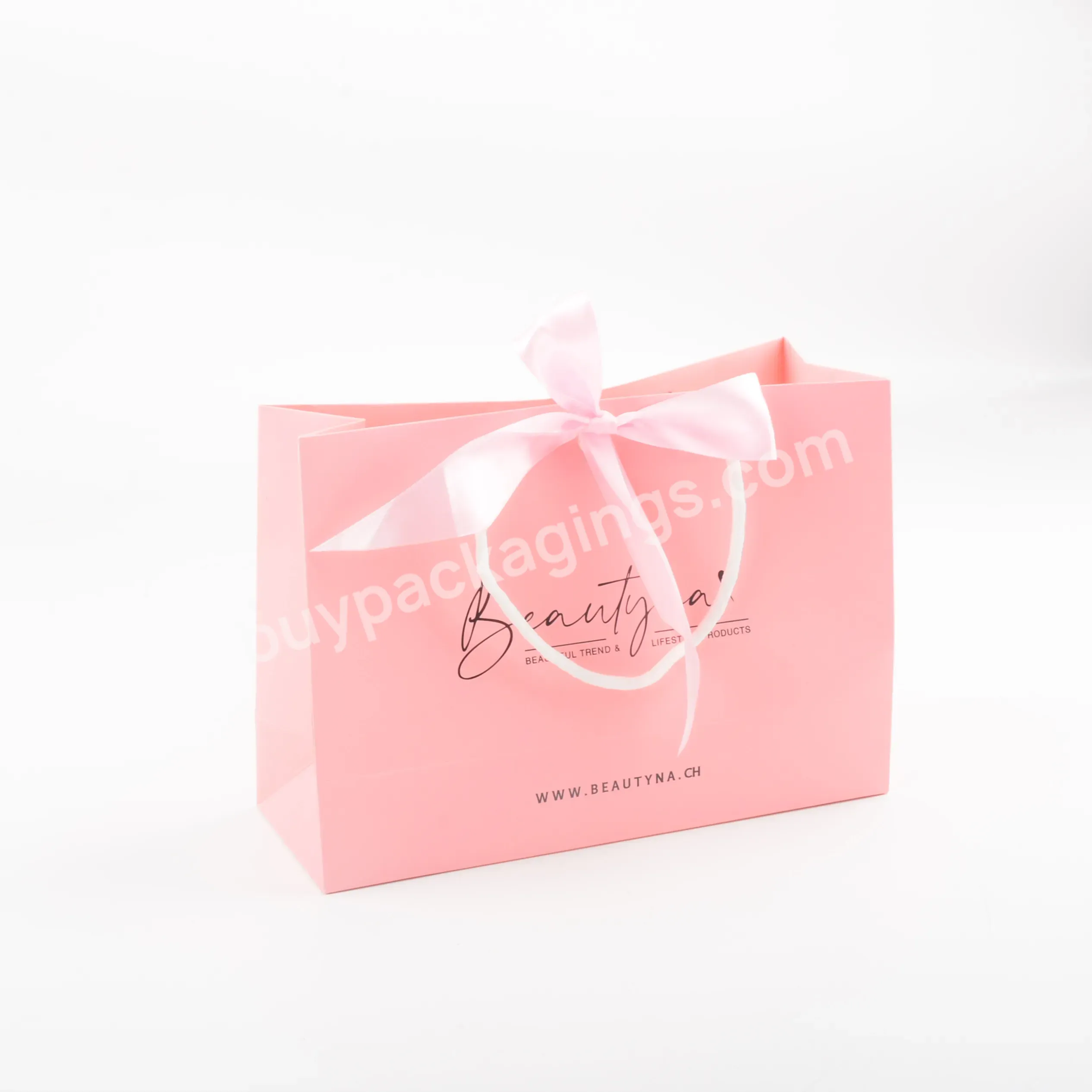 Hot Sale Product Pink Paper Bag With Ribbon High Level Low Moq Custom Size Logo Print Beautiful Shopping Packaging For Clothes