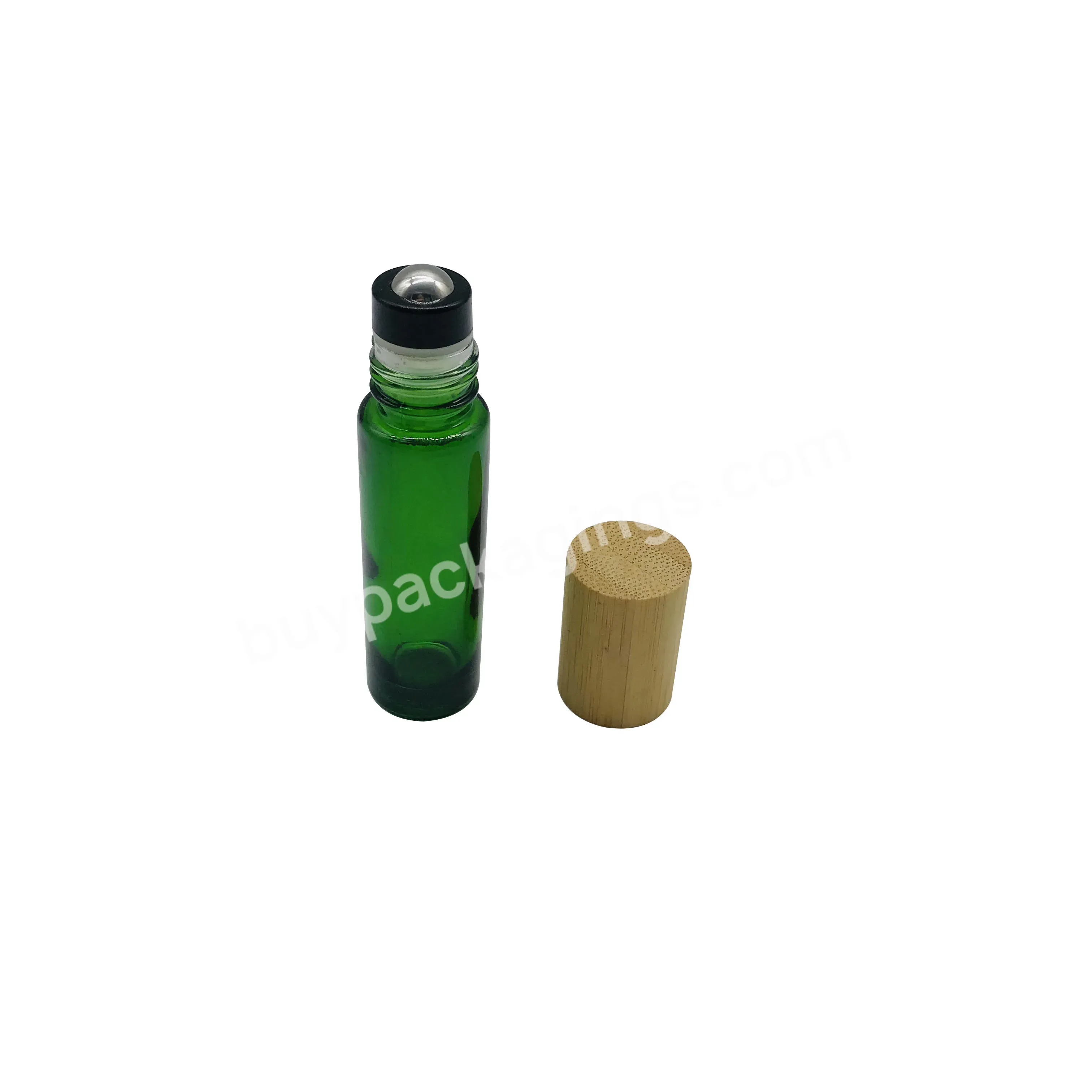 Hot Sell Green Glass Roll On Bottle Bamboo Lid Glass Roller Essential Oil Perfume Bottle 5ml 10ml