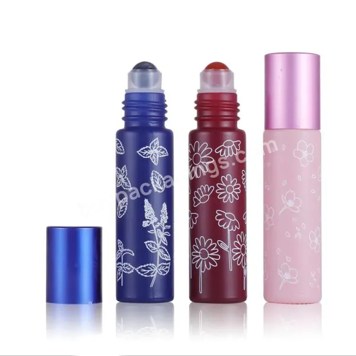 Hot Selling 10ml Macaron Color Roll On Glass Bottle With Flower Pattern Aluminum Cap Perfume Roller Bottles Stone Roller Ball