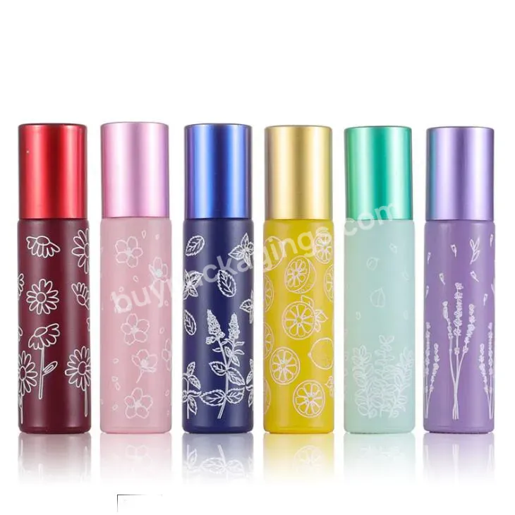 Hot Selling 10ml Macaron Color Roll On Glass Bottle With Flower Pattern Aluminum Cap Perfume Roller Bottles Stone Roller Ball