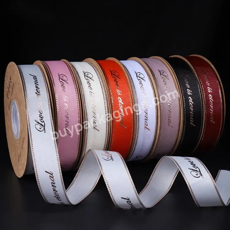 Hot Selling 2.5cm*25y Polyester Ribbon Roll Pure Color Grosgrain Ribbon With Gold Stamping Printed