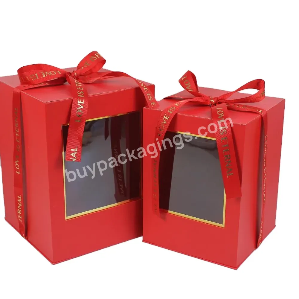 Hot Selling 2pcs/set Rectangular Flower Gift Paperboard Box Pvc Window Box With Ribbon Bowknot