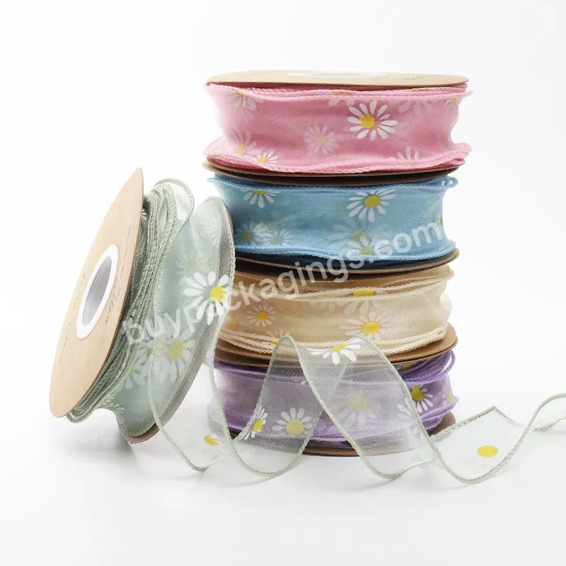 Hot Selling 3cm*10y Gauze Yarn Flower Bouquet Packing Lace Ribbon Roll With Chrysanthemum Design Printed