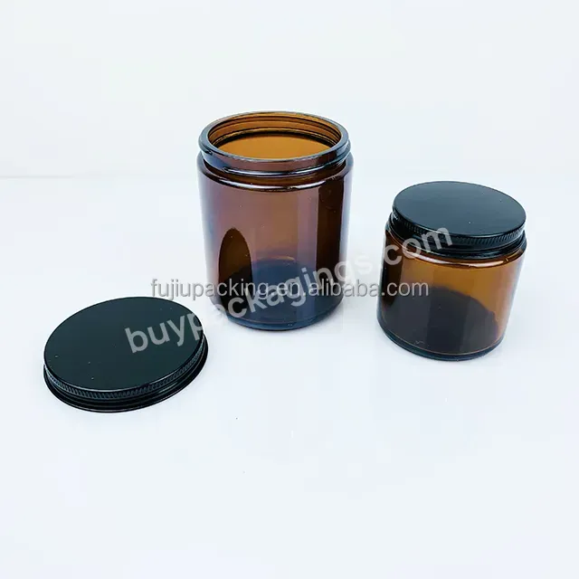 Hot Selling 8oz Wide Mouth Amber Straight Side Round Glass Jar With Black Lids