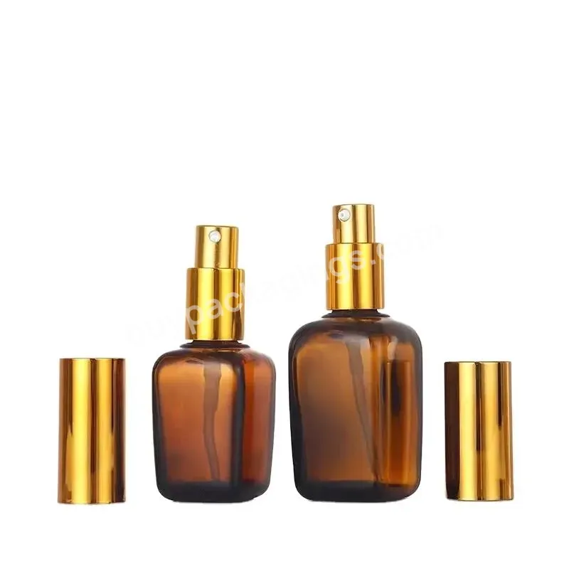 Hot Selling Custom 50ml Square Amber Essential Oil Bottle Packaging Cosmetic Oil Glass Bottles With Pump Sprayer