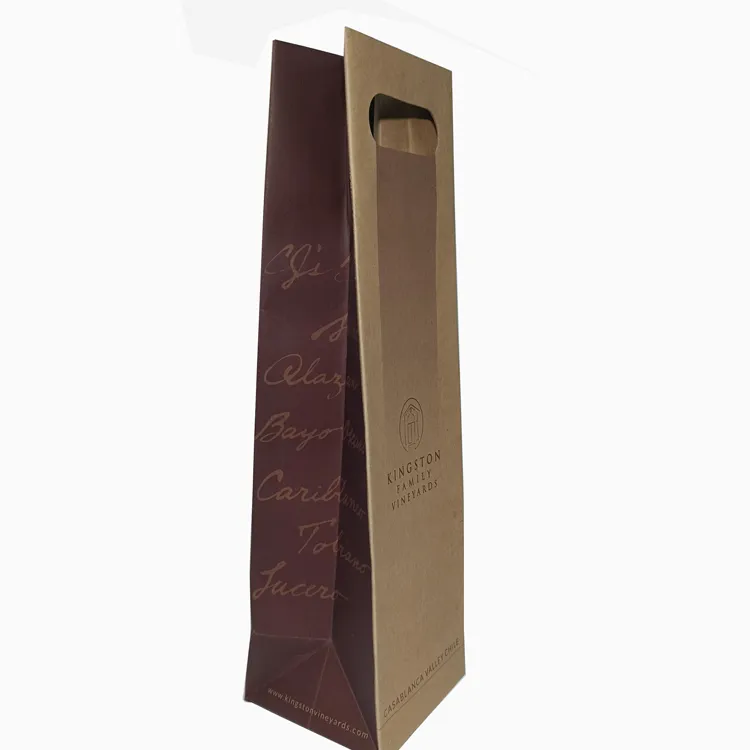 Hot selling recycled brown kraft paper wine packaging bag with die cutting handle