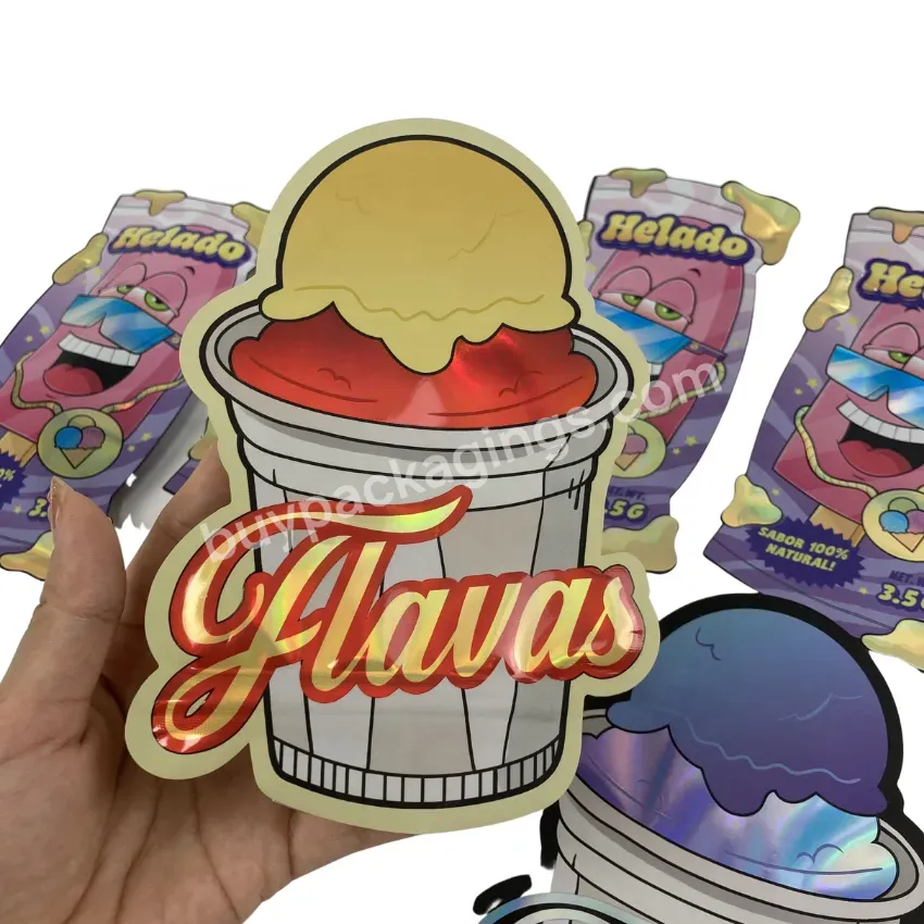 Ice Cream Shape Holographic Bag Candy 3.5g Edible Smell Proof Irregular Plastic Die Cut Bags Shaped Mylar Bags With Zipper
