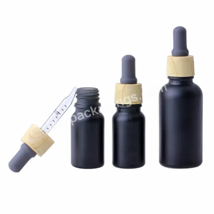 In Stock ! 10ml 30ml Frosted Black Essential Oil Glass Dropper Bottle With Wooden Grain Cap