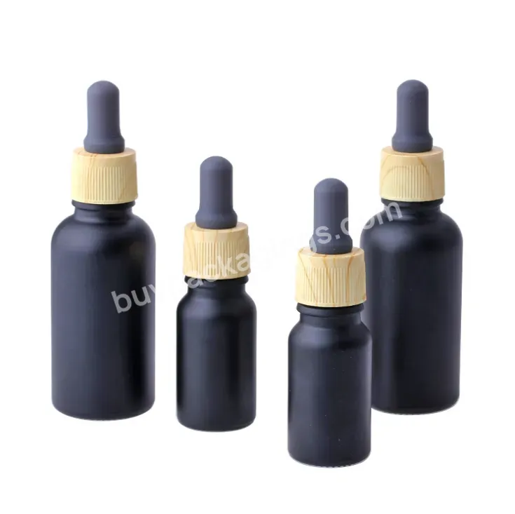 In Stock ! 10ml 30ml Frosted Black Essential Oil Glass Dropper Bottle With Wooden Grain Cap