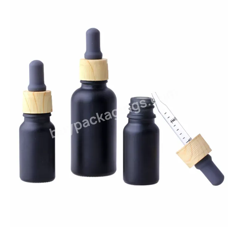 In Stock ! 10ml 30ml Matte Black Essential Oil Glass Dropper Bottle With Wooden Grain Cap And Dropper With Scale