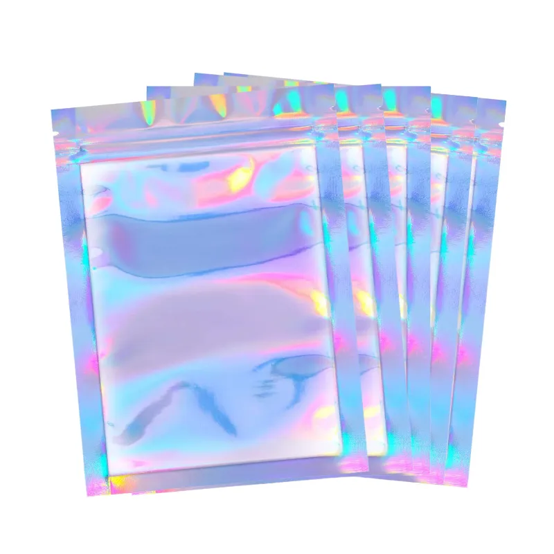 In Stock 7.5x10cm Resealable Clear Front Zipper Mini Smell Proof Shiny Storage Foil Pouch Holographic Makeup Mylar Ziplock Bag