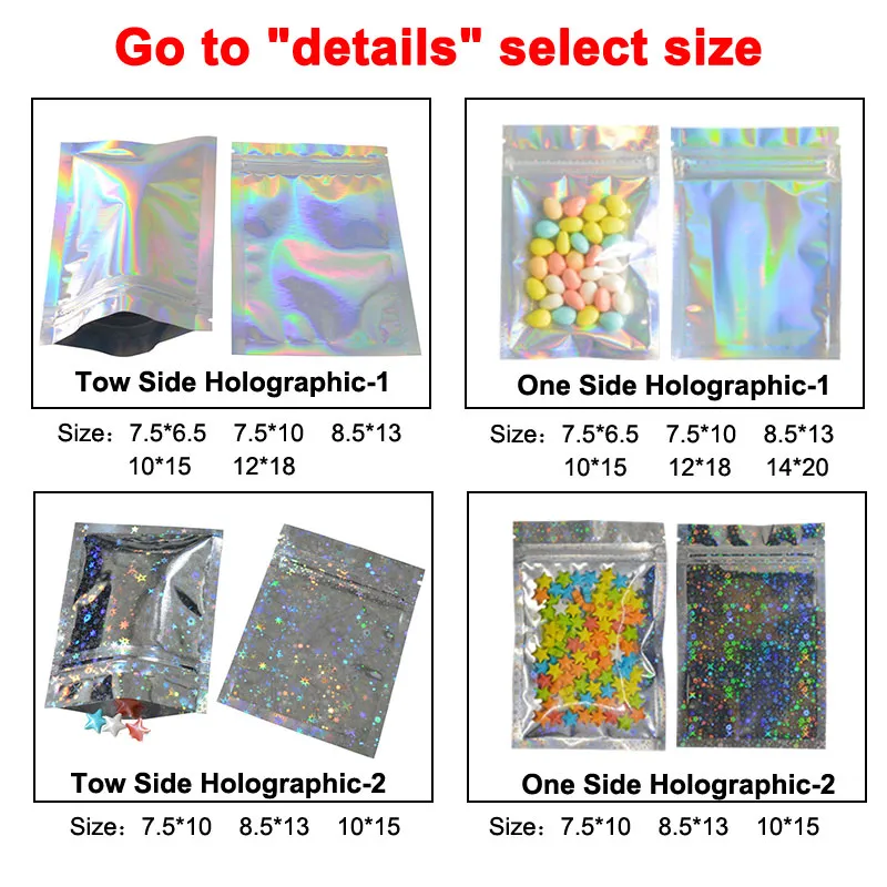 In Stock 7.5x10cm Resealable Clear Front Zipper Mini Smell Proof Shiny Storage Foil Pouch Holographic Makeup Mylar Ziplock Bag