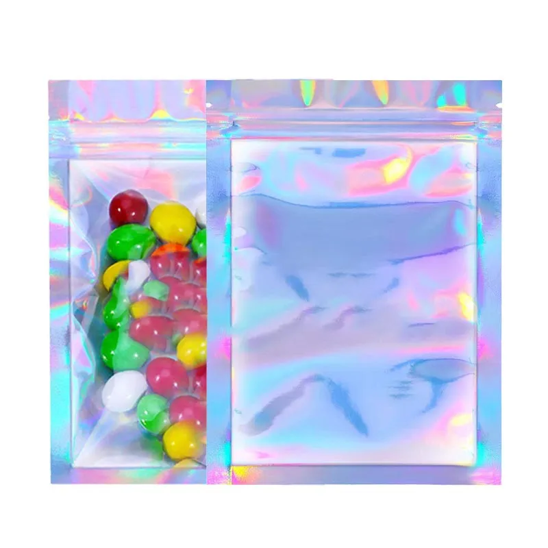 In Stock 7.5x6.5cm Resealable Clear Front Zipper Mini Smell Proof Shiny Storage Foil Pouch Holographic Makeup Mylar Ziplock Bag