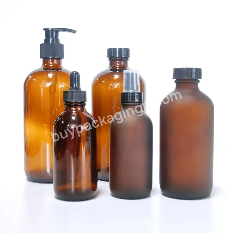 In Stock Amber Color Empty 8oz 16oz Clear Amber Boston Round Glass Bottle With Black Cap