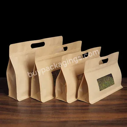 In Stock Biodegradable Big Opening Cookie Packaging Gift Bag Side Gusset Flat Bottom Kraft Paper Pouch With Window