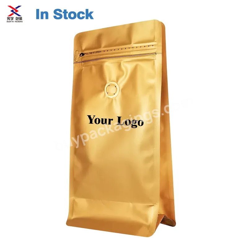 In Stock Black Standing Coffee Bag With Valve And Zipper Kraft Paper Custom Printed Flat Bottom 250g 500g Coffee Bean Bag