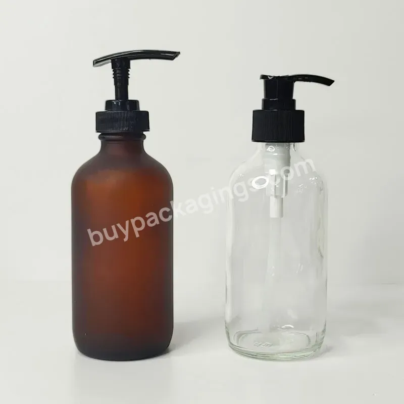 In Stock Custom Printing Frosted Amber Clear Glass Personal Care Oil Dispenser Boston Bottle With Pump Lid