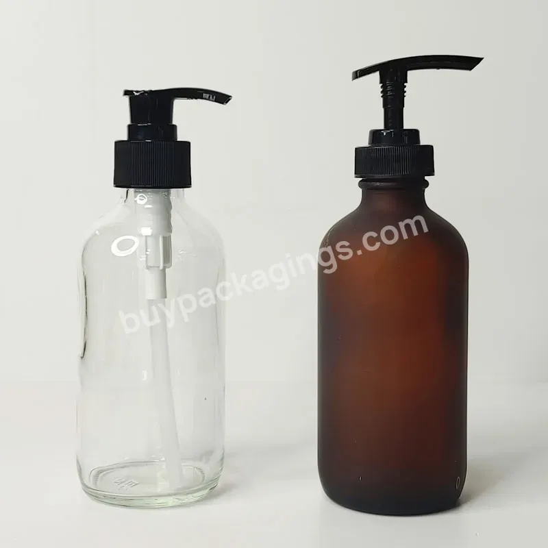 In Stock Custom Printing Frosted Amber Clear Glass Personal Care Oil Dispenser Boston Bottle With Pump Lid