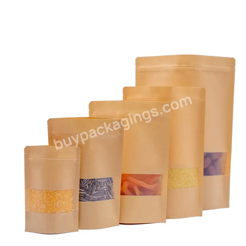 In Stock Stand Up Kraft Paper Reclosable Ziplock Plain Heat Sealable Food Packaging Doypack Pouches Bags With Matte Window