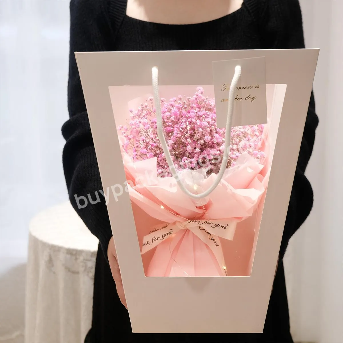 Ins Style Clear Window Transparent Tote Bag Flower Shop Bouquet Packaging Birthday Gift Bag Paper Gift Bag for Valentine's Day